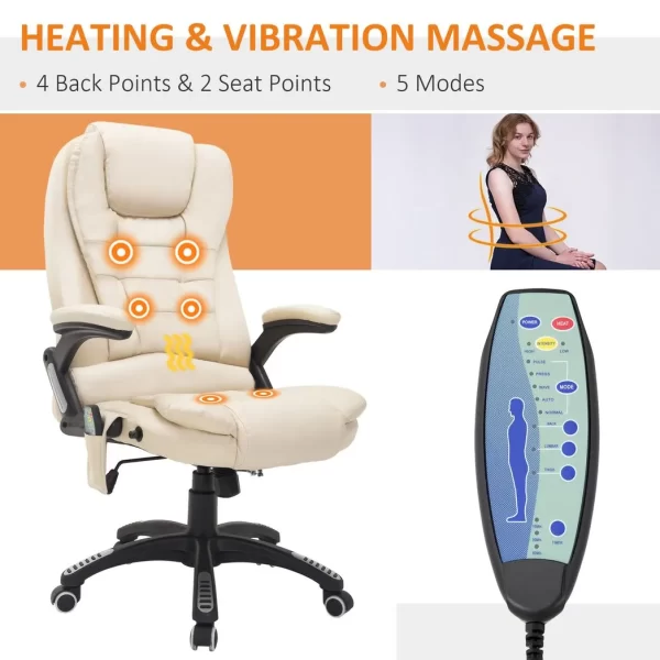 Executive Office Chair with Massage and Heat PU Leather Reclining Chair, Beige - Image 4