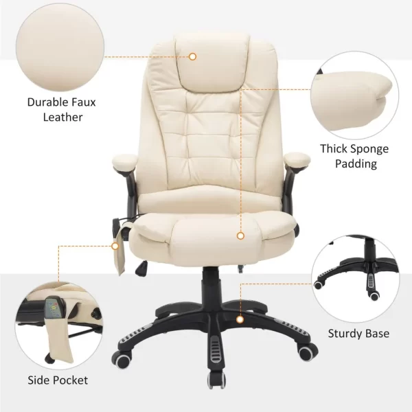 Executive Office Chair with Massage and Heat PU Leather Reclining Chair, Beige - Image 8