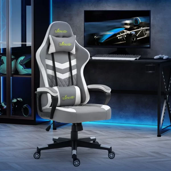 Racing Gaming Chair w/ Lumbar Support, Headrest, Gamer Office Chair, Grey White - Image 2