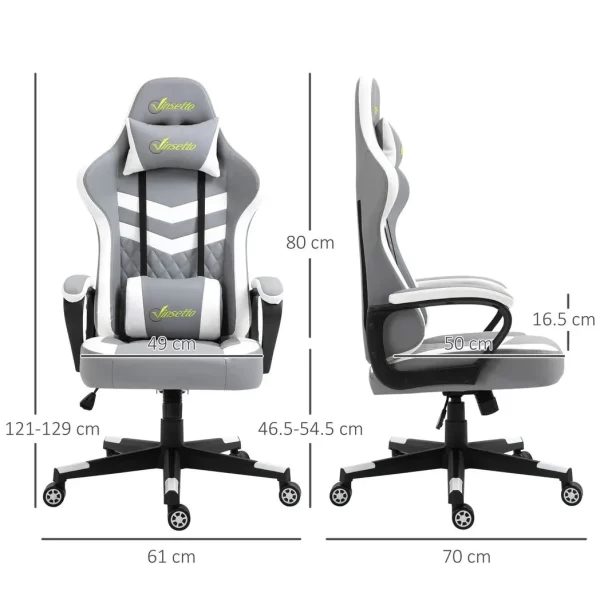 Racing Gaming Chair w/ Lumbar Support, Headrest, Gamer Office Chair, Grey White - Image 3