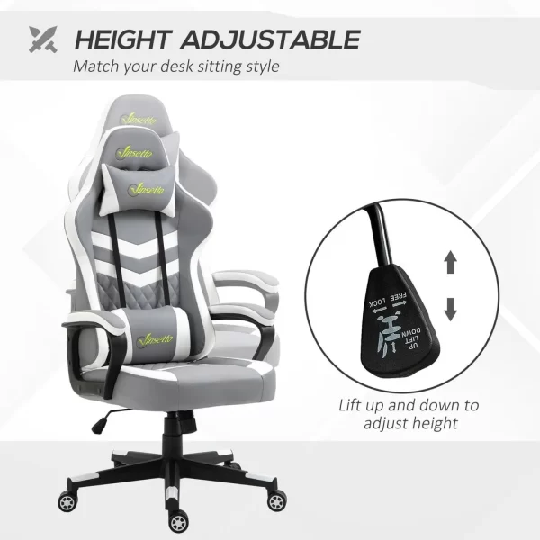 Racing Gaming Chair w/ Lumbar Support, Headrest, Gamer Office Chair, Grey White - Image 4