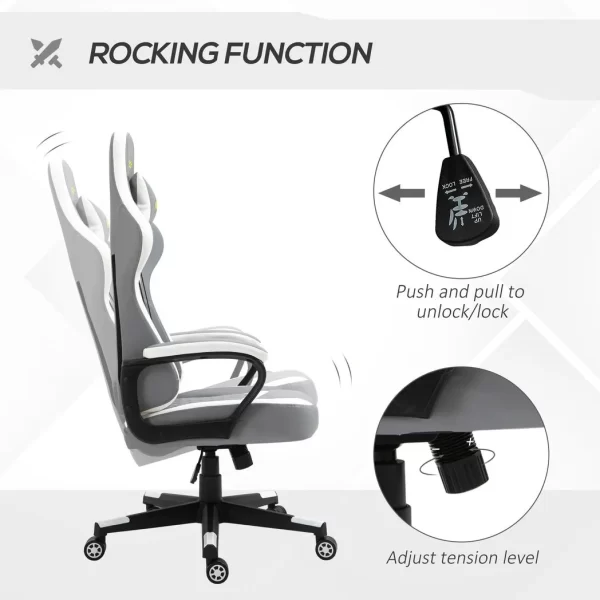 Racing Gaming Chair w/ Lumbar Support, Headrest, Gamer Office Chair, Grey White - Image 5