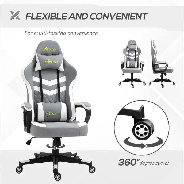 Racing Gaming Chair w/ Lumbar Support, Headrest, Gamer Office Chair, Grey White - Image 6