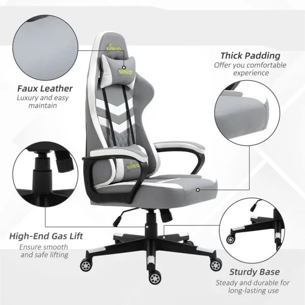 Racing Gaming Chair w/ Lumbar Support, Headrest, Gamer Office Chair, Grey White - Image 7