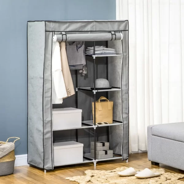 Fabric Wardrobe Portable Wardrobe with 6 Shelves 1 Hanging Rail Light Grey - Image 2