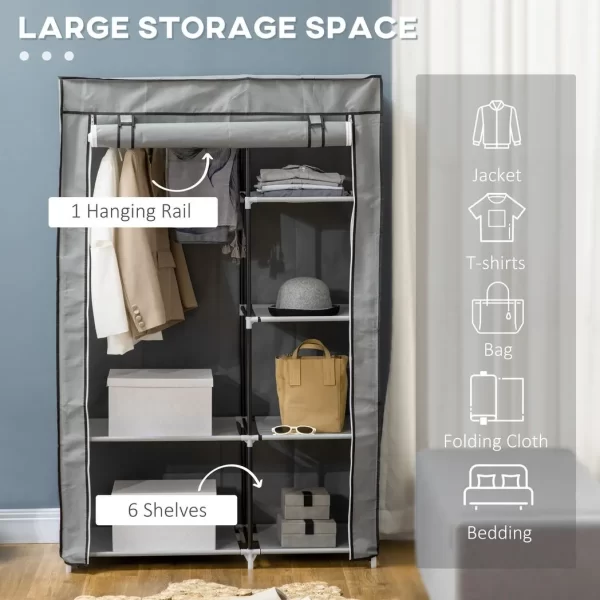 Fabric Wardrobe Portable Wardrobe with 6 Shelves 1 Hanging Rail Light Grey - Image 4