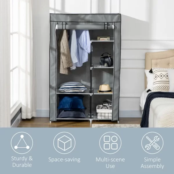 Fabric Wardrobe Portable Wardrobe with 6 Shelves 1 Hanging Rail Light Grey - Image 6