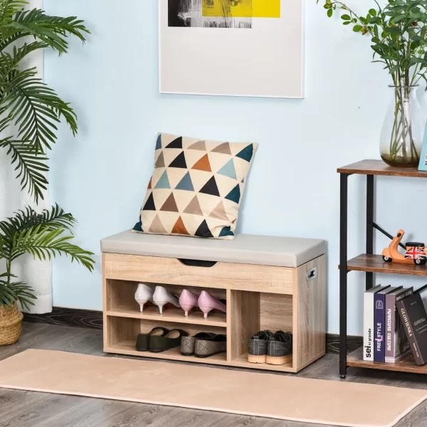 Sit-On Shoe Storage w/ Hidden Compartment Handles Sponge Top 80x30x43 cm Grey - Image 2