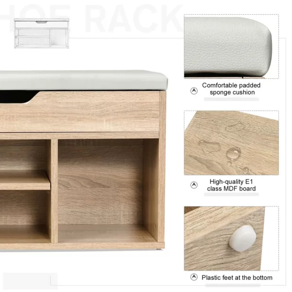 Sit-On Shoe Storage w/ Hidden Compartment Handles Sponge Top 80x30x43 cm Grey - Image 5