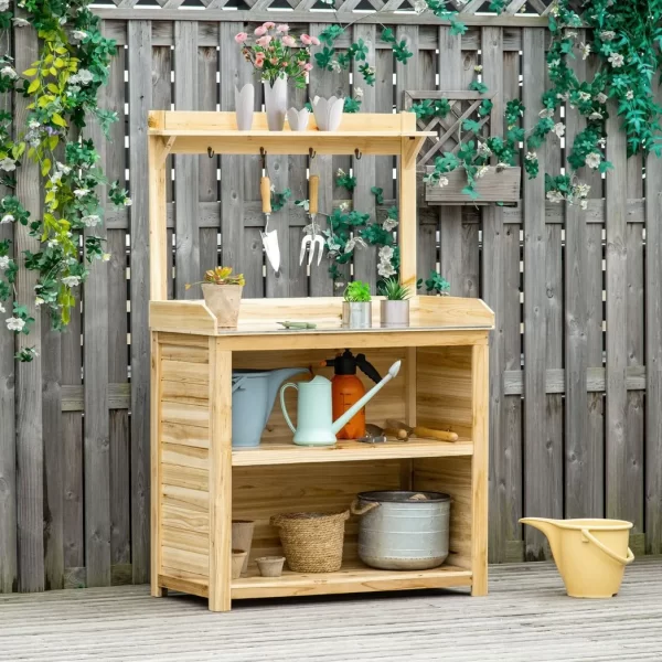 Garden Potting Bench Table Workstation w/ Galvanized Tabletop, Storage Shelves - Image 2