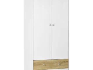2 Door Wardrobe White Wardrobe with Drawers and Hanging Rod for Bedroom