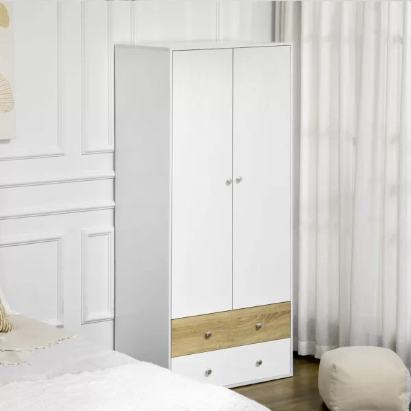 2 Door Wardrobe White Wardrobe with Drawers and Hanging Rod for Bedroom - Image 2