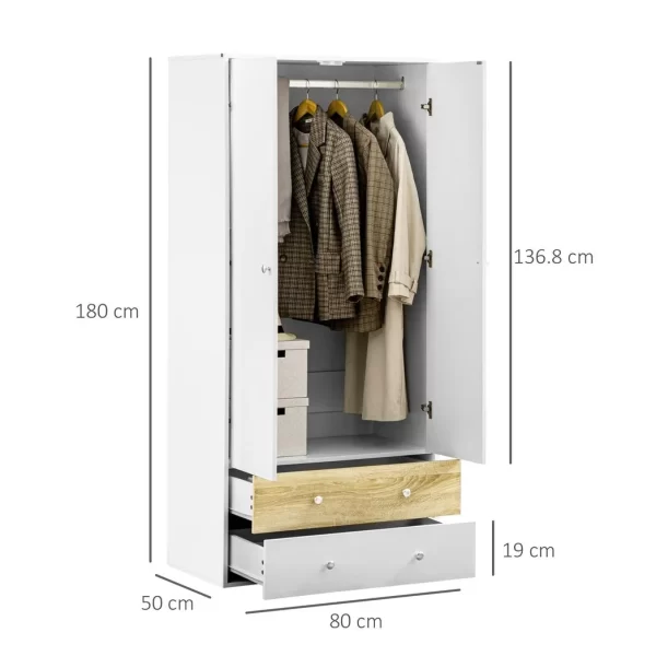 2 Door Wardrobe White Wardrobe with Drawers and Hanging Rod for Bedroom - Image 3