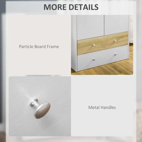 2 Door Wardrobe White Wardrobe with Drawers and Hanging Rod for Bedroom - Image 6