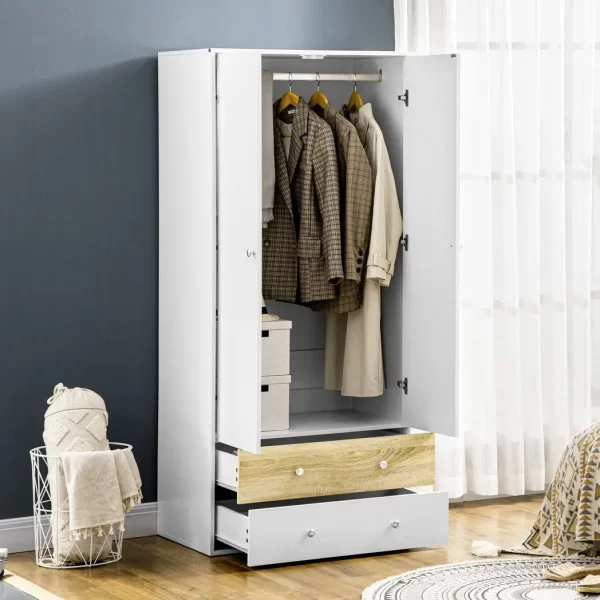 2 Door Wardrobe White Wardrobe with Drawers and Hanging Rod for Bedroom - Image 7