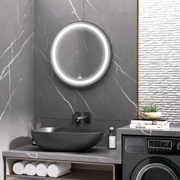 LED Smart Bathroom Mirror Wall Mounted Round Vanity Mirror w/ Lights, Black - Image 2
