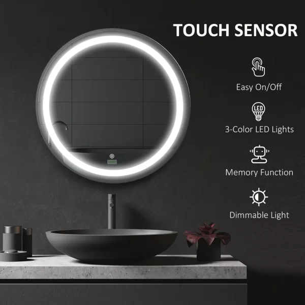 LED Smart Bathroom Mirror Wall Mounted Round Vanity Mirror w/ Lights, Black - Image 4