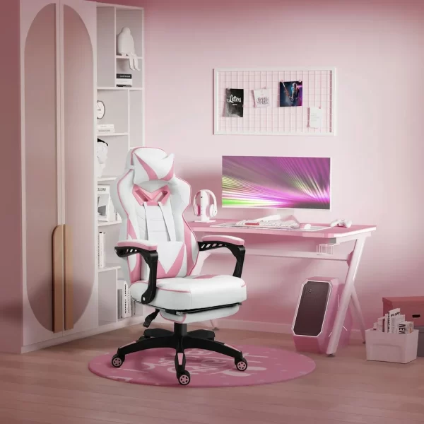 Gaming Chair Ergonomic Reclining w/ Manual Footrest Wheels Stylish Office Pink - Image 2