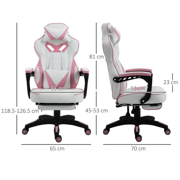 Gaming Chair Ergonomic Reclining w/ Manual Footrest Wheels Stylish Office Pink - Image 3