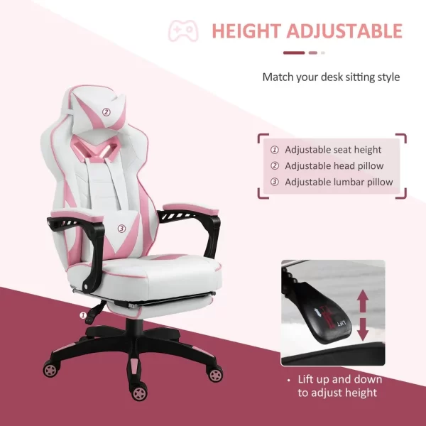 Gaming Chair Ergonomic Reclining w/ Manual Footrest Wheels Stylish Office Pink - Image 4