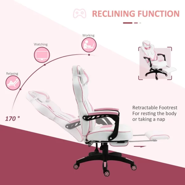Gaming Chair Ergonomic Reclining w/ Manual Footrest Wheels Stylish Office Pink - Image 5
