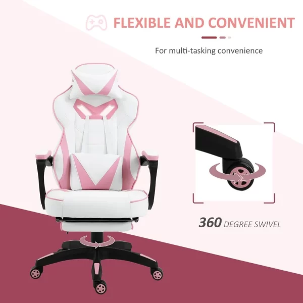 Gaming Chair Ergonomic Reclining w/ Manual Footrest Wheels Stylish Office Pink - Image 6