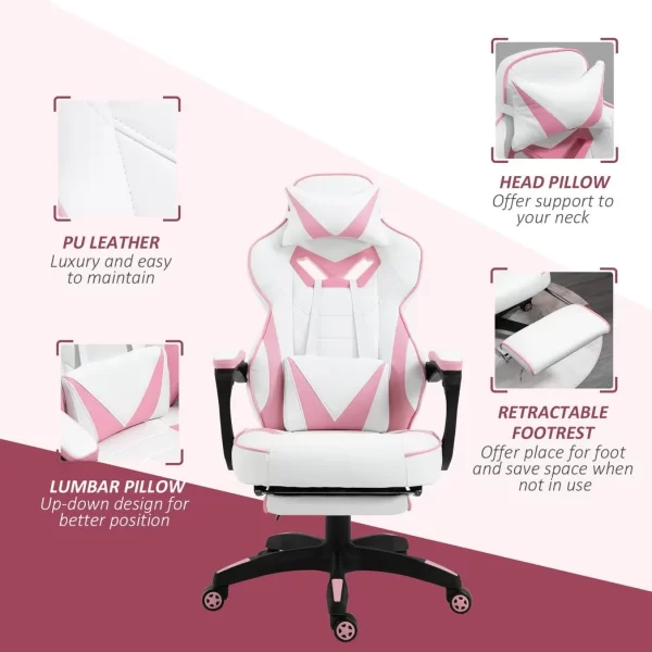 Gaming Chair Ergonomic Reclining w/ Manual Footrest Wheels Stylish Office Pink - Image 8