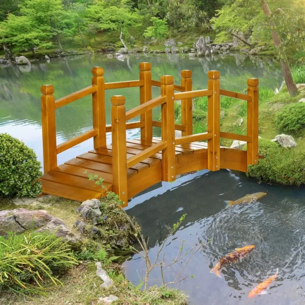 Wooden Garden Bridge Arc Footbridge with Safety Railings for Pond Creek Stream - Image 2