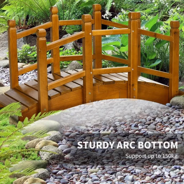 Wooden Garden Bridge Arc Footbridge with Safety Railings for Pond Creek Stream - Image 4
