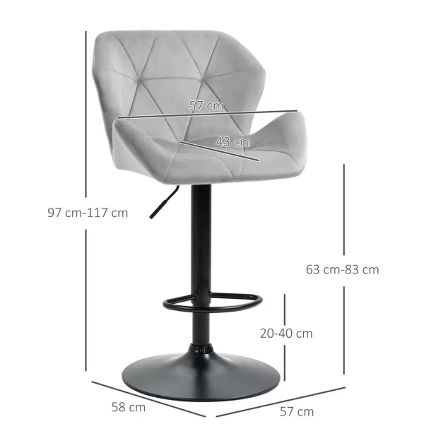 Set Of 2 Luxurious Velvet-Touch Bar Stools w/ Metal Frame Footrest Base Grey - Image 3