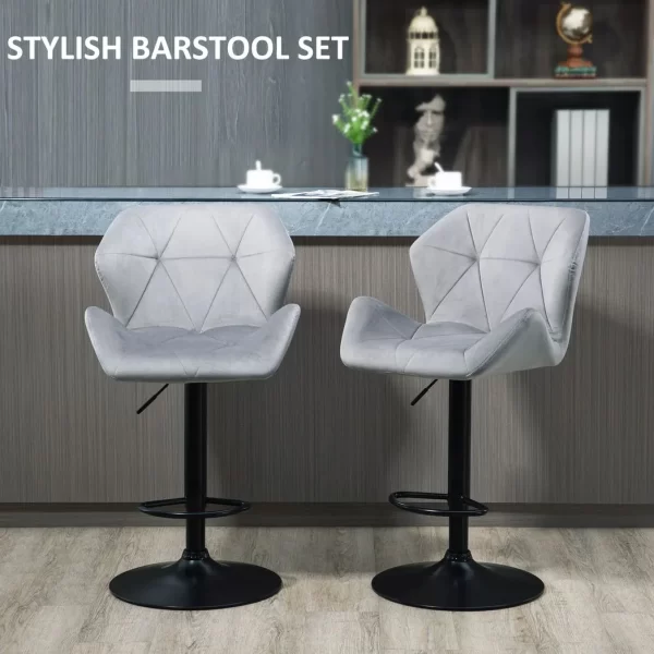 Set Of 2 Luxurious Velvet-Touch Bar Stools w/ Metal Frame Footrest Base Grey - Image 4