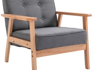 Retro Single Sofa Armchair Beech Wood Frame Padded Cushion Linen Fabric Grey