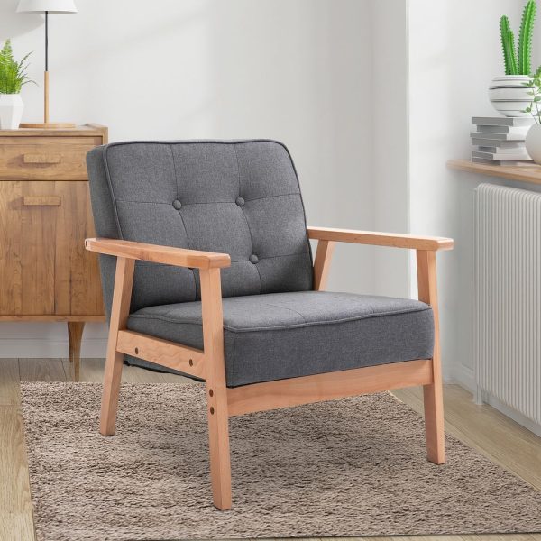 Retro Single Sofa Armchair Beech Wood Frame Padded Cushion Linen Fabric Grey - Image 2