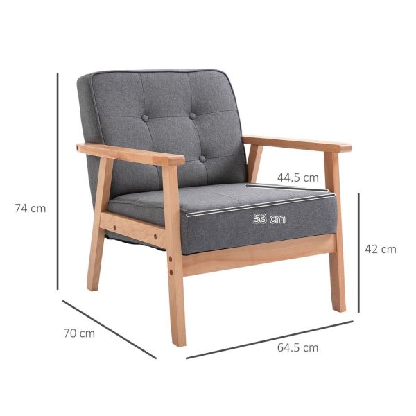 Retro Single Sofa Armchair Beech Wood Frame Padded Cushion Linen Fabric Grey - Image 3