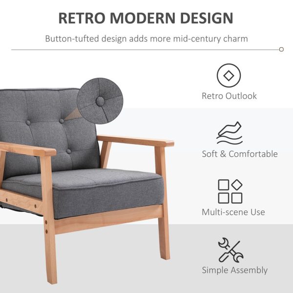 Retro Single Sofa Armchair Beech Wood Frame Padded Cushion Linen Fabric Grey - Image 4