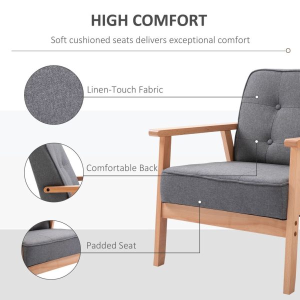 Retro Single Sofa Armchair Beech Wood Frame Padded Cushion Linen Fabric Grey - Image 5