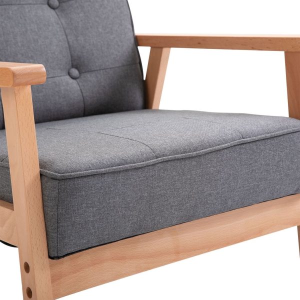 Retro Single Sofa Armchair Beech Wood Frame Padded Cushion Linen Fabric Grey - Image 8