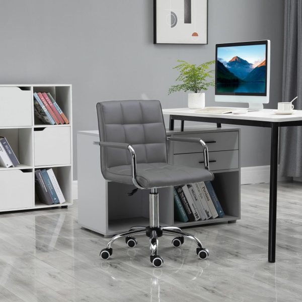 Mid Back PU Leather Home Office Chair Swivel Desk Chair with Arm, Wheel, Grey - Image 2