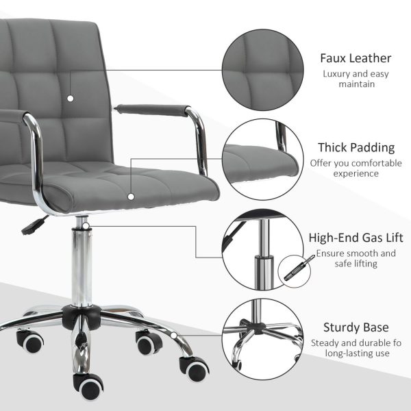 Mid Back PU Leather Home Office Chair Swivel Desk Chair with Arm, Wheel, Grey - Image 6