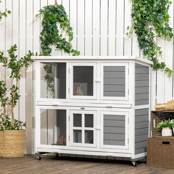 PawHut Wooden Rabbit Hutch, Small Animal House w/ Wheels, Removable Tray - Grey - Image 2