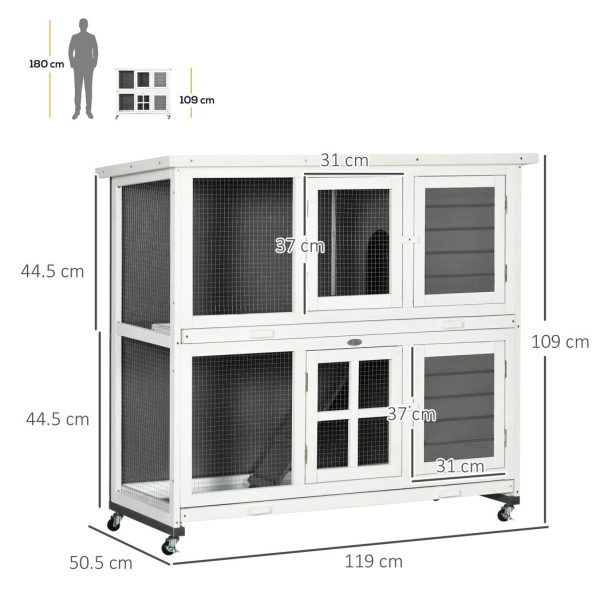PawHut Wooden Rabbit Hutch, Small Animal House w/ Wheels, Removable Tray - Grey - Image 3