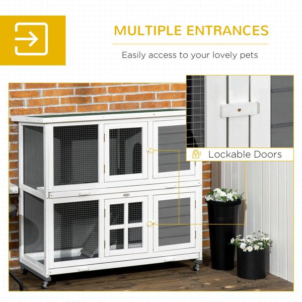 PawHut Wooden Rabbit Hutch, Small Animal House w/ Wheels, Removable Tray - Grey - Image 5
