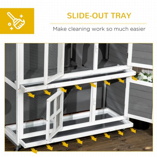 PawHut Wooden Rabbit Hutch, Small Animal House w/ Wheels, Removable Tray - Grey - Image 6