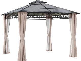 3 x 3 (m) Polycarbonate Gazebo, Hard Top Gazebo with Nettings & Curtains