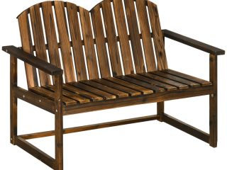 Outdoor Wooden Bench for Two People, Patio Loveseat Chair with Slatted Backrest