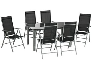 7pc Outdoor Dining Table and 6 Folding Chairs, Aluminium Patio Dining Set Black