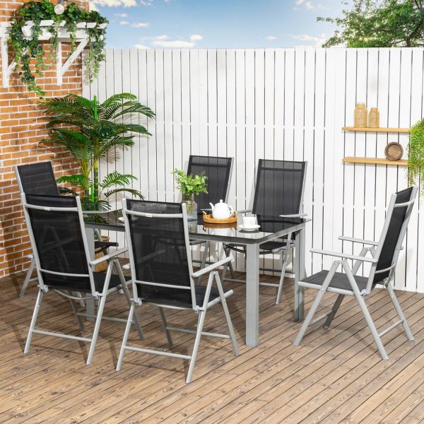 7pc Outdoor Dining Table and 6 Folding Chairs, Aluminium Patio Dining Set Black - Image 2