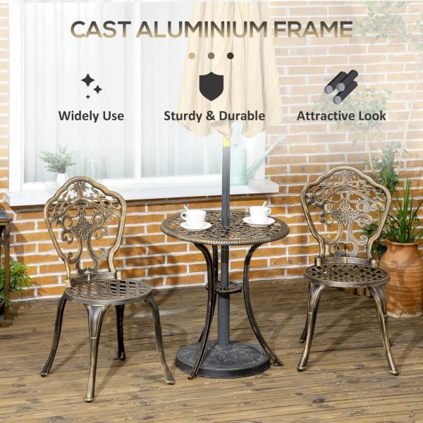 3 Piece Cast Aluminium Garden Bistro Set with Parasol Hole for Balcony, Patio - Image 5