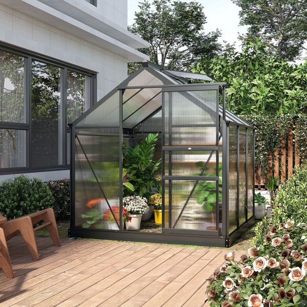 Polycarbonate Walk-In Garden Greenhouse Aluminium Frame w/ Slide Door 6 x 6ft - Image 2