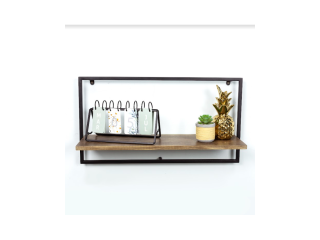 Wide Dark OAK Floating Wall Shelf with Black Frame - PARGI